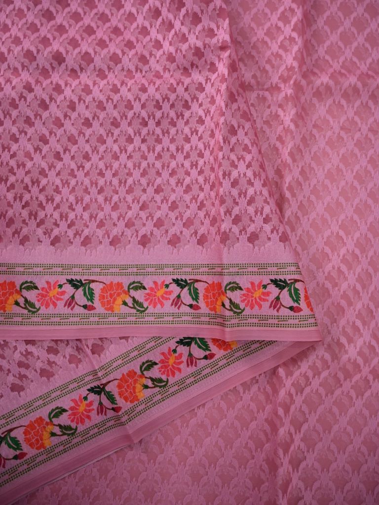 Organza fancy saree rose pink color allover weaves & weaving border with short pallu and printed blouse