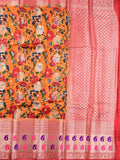 Jute matka fancy saree orange color allover prints & big zari border with short pallu and attached brocade blouse