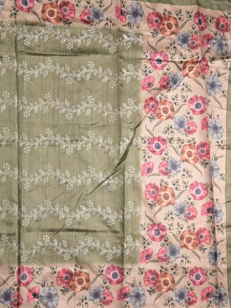 Tussar fancy saree olive green color allover prints & printed border with printed pallu and contrast printed blouse