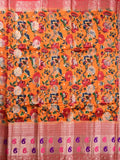 Jute matka fancy saree orange color allover prints & big zari border with short pallu and attached brocade blouse