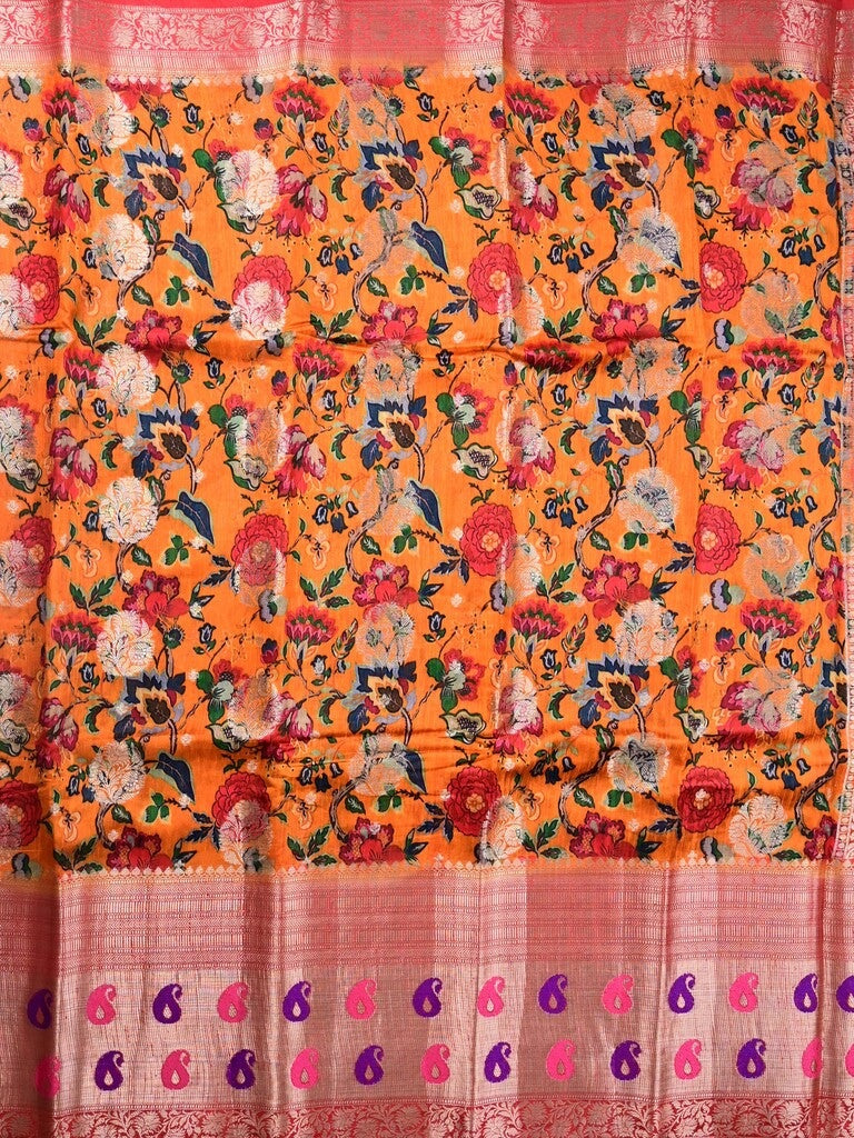 Jute matka fancy saree orange color allover prints & big zari border with short pallu and attached brocade blouse