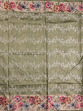 Tussar fancy saree olive green color allover prints & printed border with printed pallu and contrast printed blouse