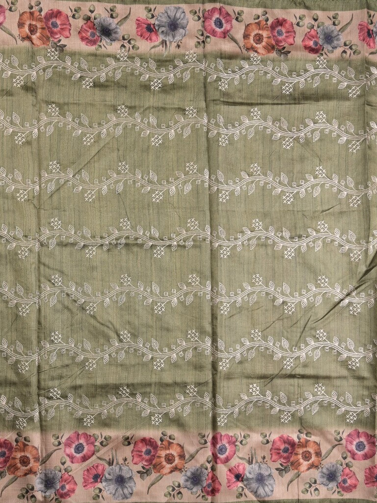 Tussar fancy saree olive green color allover prints & printed border with printed pallu and contrast printed blouse