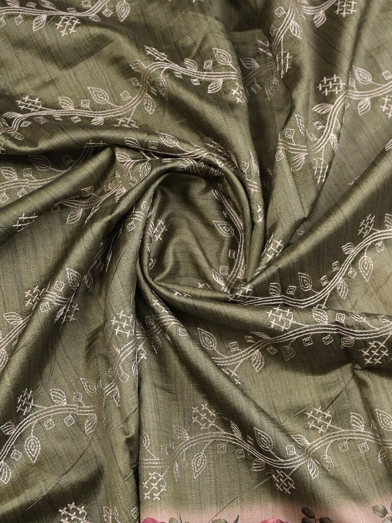Tussar fancy saree olive green color allover prints & printed border with printed pallu and contrast printed blouse