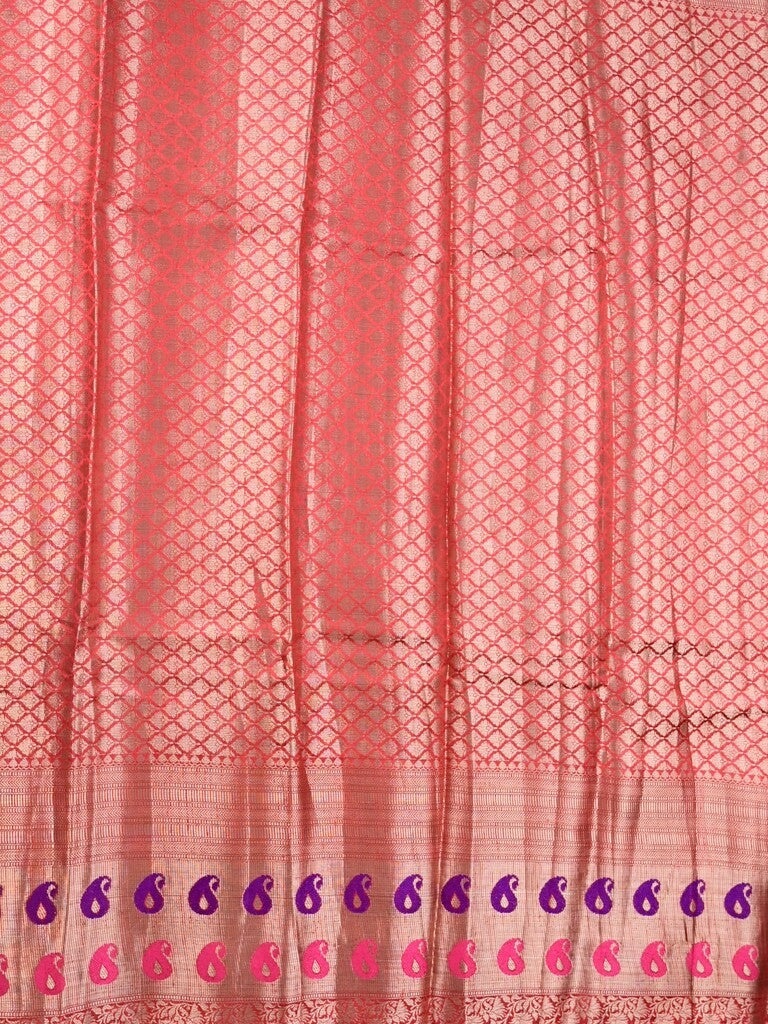 Jute matka fancy saree orange color allover prints & big zari border with short pallu and attached brocade blouse