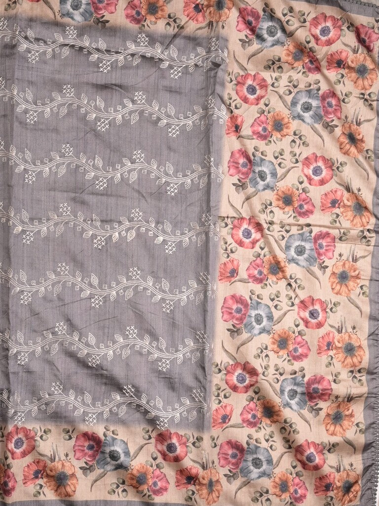 Tussar fancy saree grey color allover prints & printed border with printed pallu and contrast printed blouse