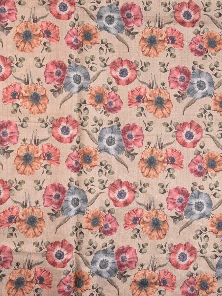 Tussar fancy saree dark peach color allover prints & printed border with printed pallu and contrast printed blouse