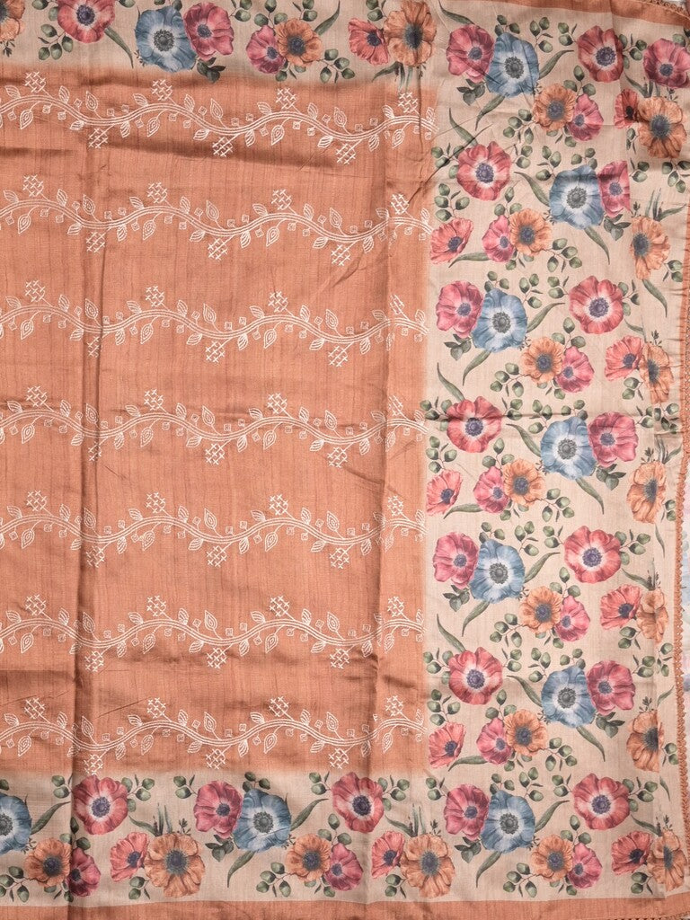 Tussar fancy saree dark peach color allover prints & printed border with printed pallu and contrast printed blouse