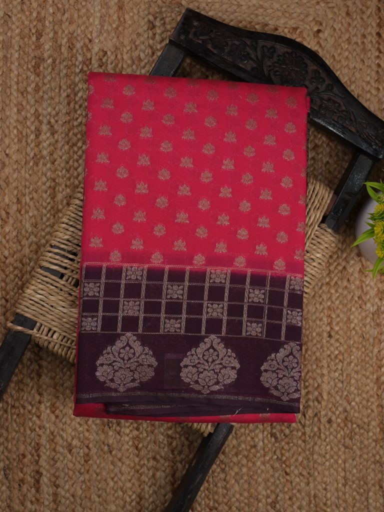 Jute fancy saree dark pink color allover zari butis & zari checks border with rich pallu and contrast plain blouse