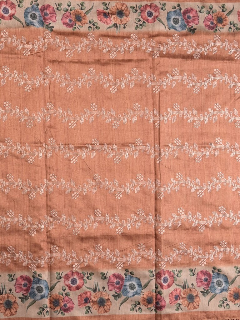 Tussar fancy saree dark peach color allover prints & printed border with printed pallu and contrast printed blouse