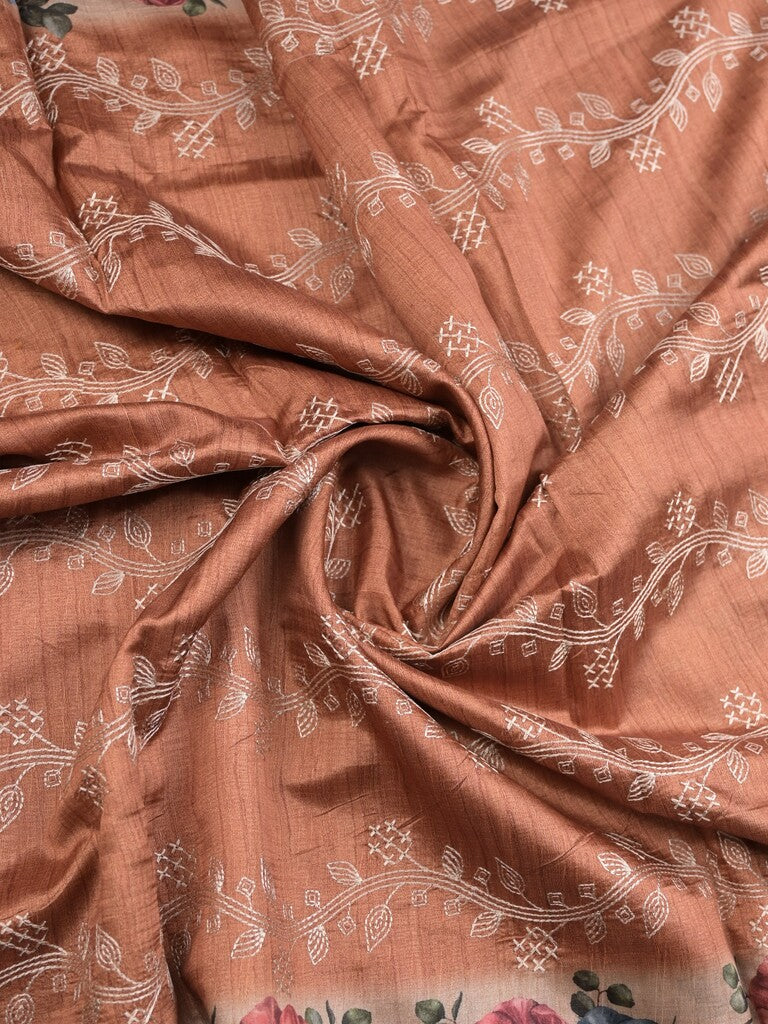 Tussar fancy saree dark peach color allover prints & printed border with printed pallu and contrast printed blouse