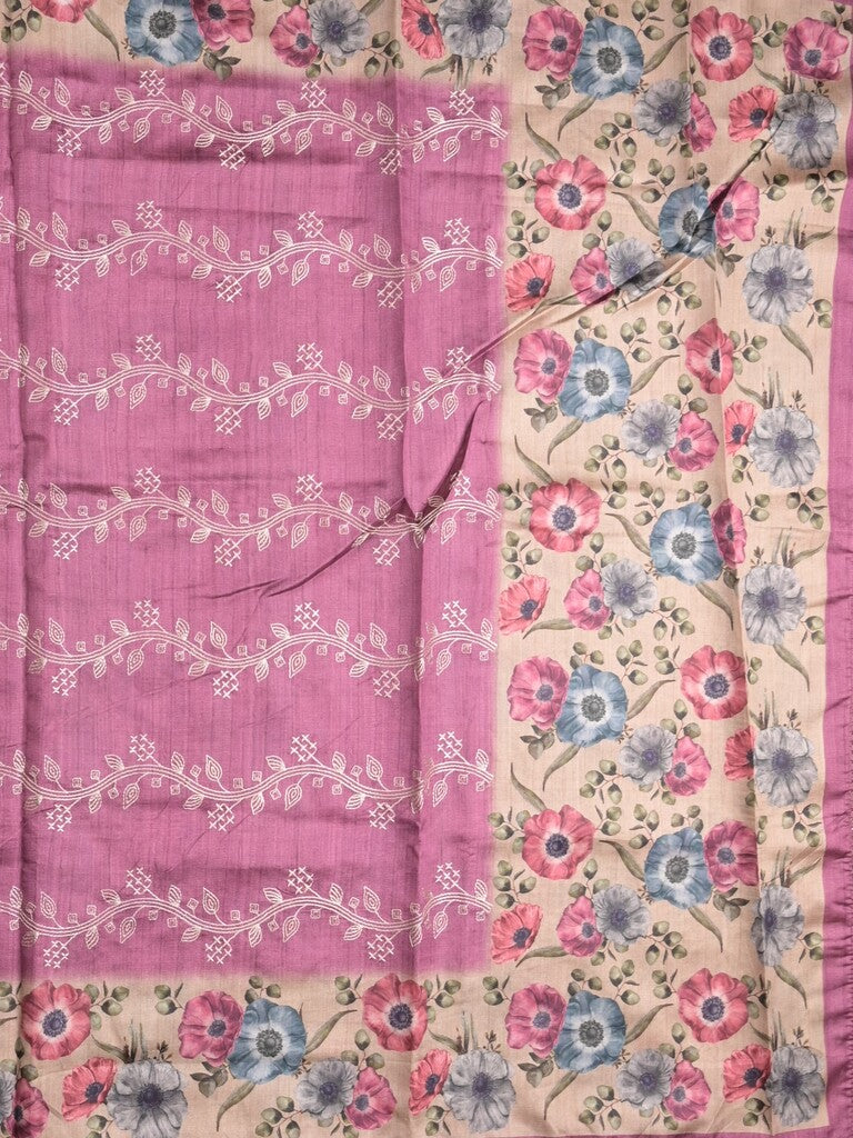 Tussar fancy saree purple color allover prints & printed border with printed pallu and contrast printed blouse
