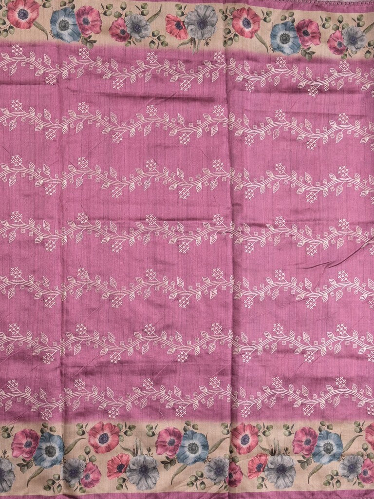 Tussar fancy saree purple color allover prints & printed border with printed pallu and contrast printed blouse
