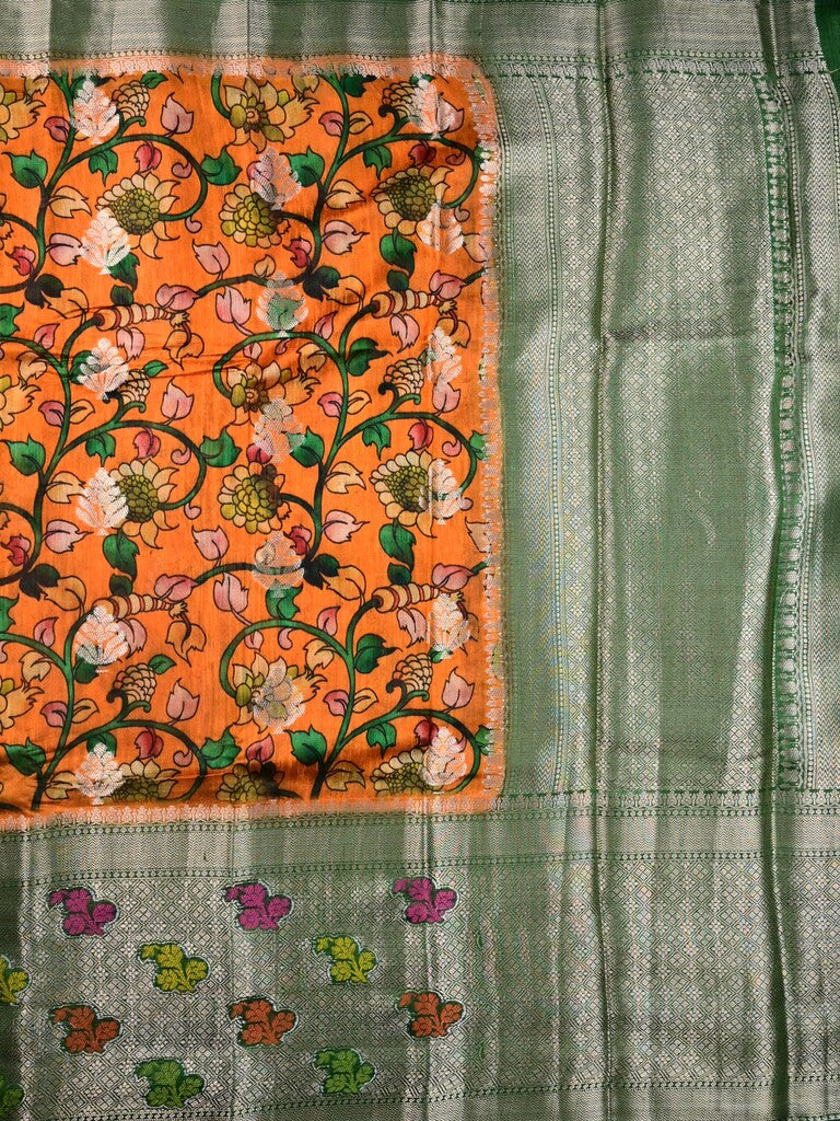 Jute matka fancy saree golden yellow color allover prints & big zari border with short pallu and attached brocade blouse