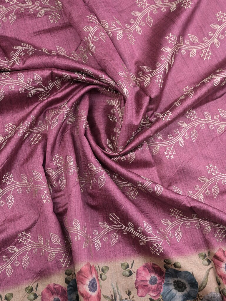 Tussar fancy saree purple color allover prints & printed border with printed pallu and contrast printed blouse