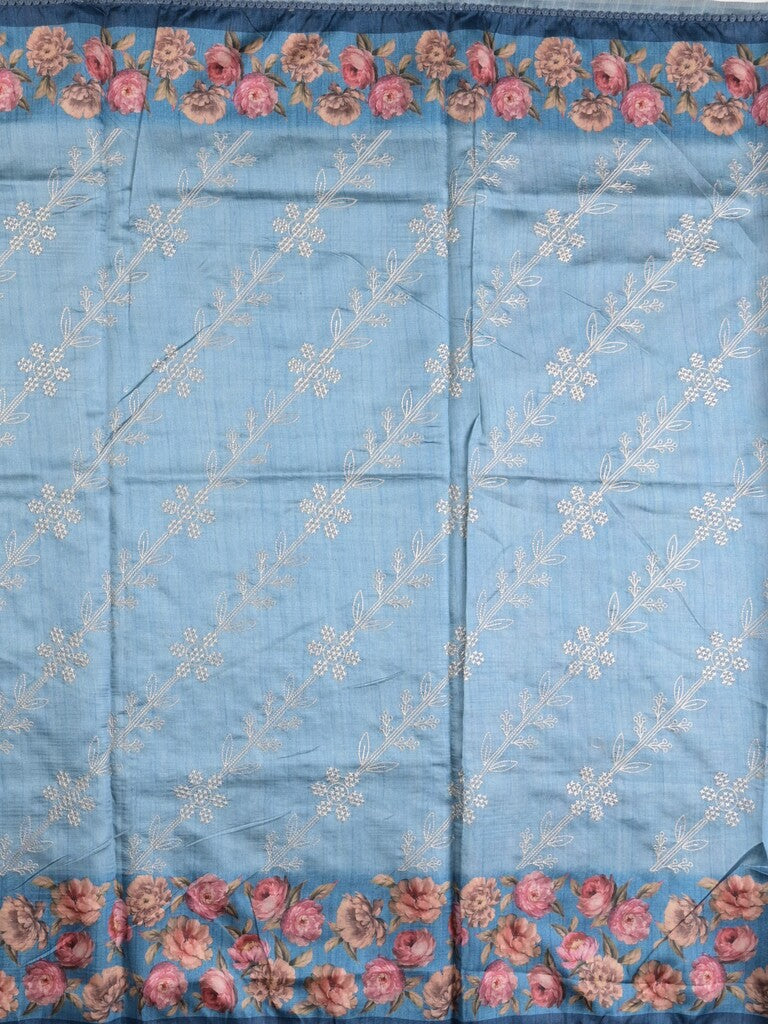 Tussar fancy saree blue color allover prints & printed border with printed pallu and contrast printed blouse