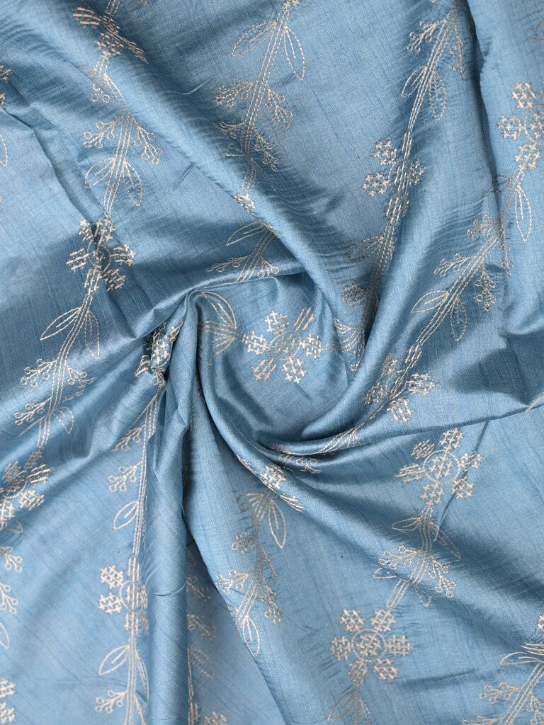 Tussar fancy saree blue color allover prints & printed border with printed pallu and contrast printed blouse