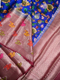 Jute matka fancy saree royal blue color allover prints & big zari border with short pallu and attached brocade blouse