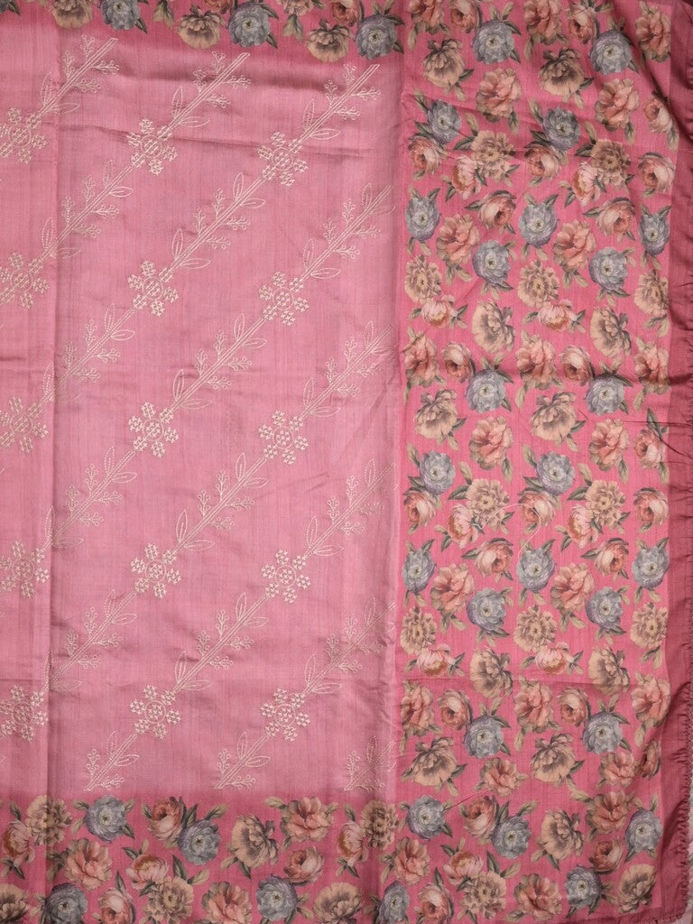 Tussar fancy saree light pink color allover prints & printed border with printed pallu and contrast printed blouse