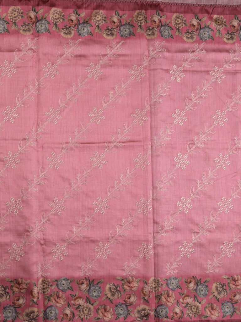 Tussar fancy saree light pink color allover prints & printed border with printed pallu and contrast printed blouse