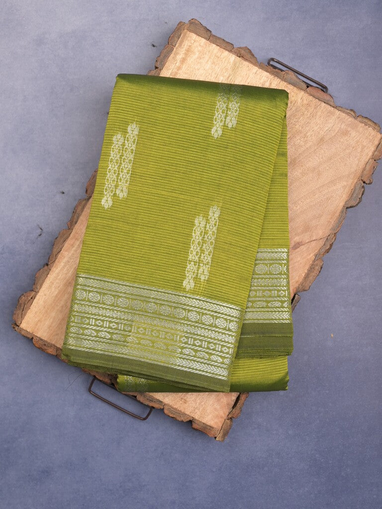 Mangalagiri fancy saree olive green color allover zari weaves & zari border with rich pallu and plain blouse