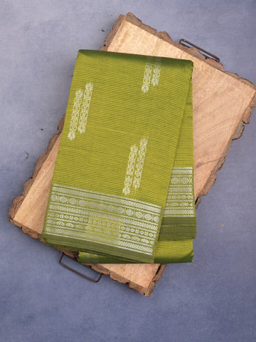 Mangalagiri fancy saree olive green color allover zari weaves & zari border with rich pallu and plain blouse