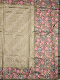 Tussar fancy saree light olive green color allover prints & printed border with printed pallu and contrast printed blouse