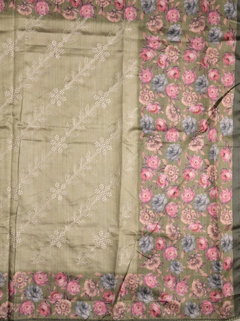 Tussar fancy saree light olive green color allover prints & printed border with printed pallu and contrast printed blouse