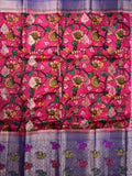 Jute matka fancy saree pink color allover prints & big zari border with short pallu and attached brocade blouse