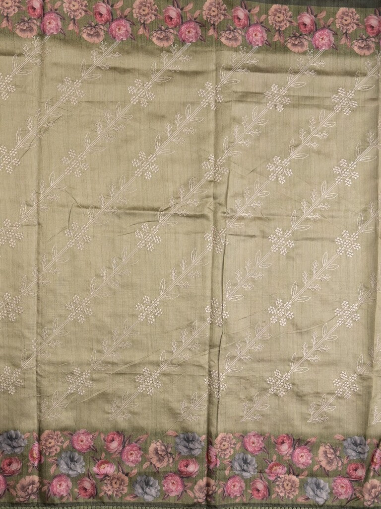 Tussar fancy saree light olive green color allover prints & printed border with printed pallu and contrast printed blouse