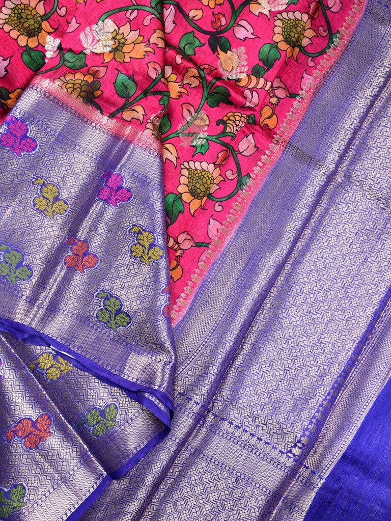 Jute matka fancy saree pink color allover prints & big zari border with short pallu and attached brocade blouse