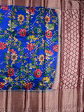 Jute matka fancy saree royal blue color allover prints & big zari border with short pallu and attached brocade blouse