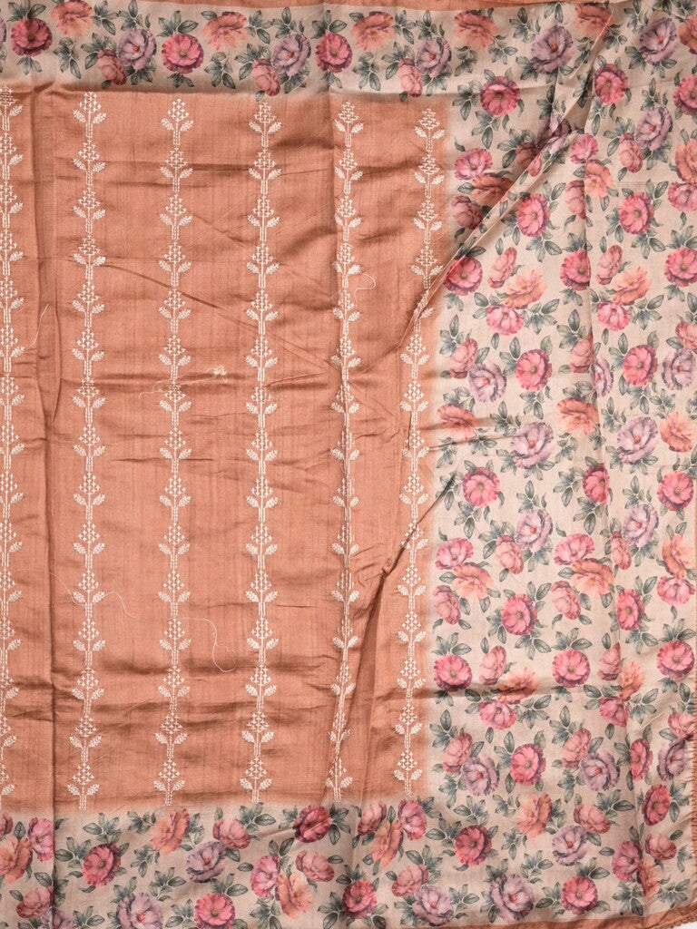 Tussar fancy saree dark peach color allover prints & printed border with printed pallu and contrast printed blouse