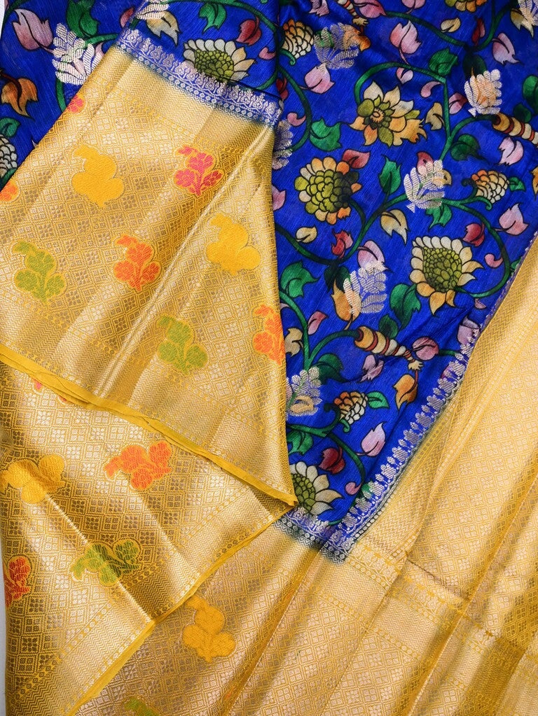 Jute matka fancy saree royal blue color allover prints & big zari border with short pallu and attached brocade blouse