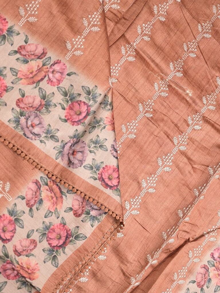 Tussar fancy saree dark peach color allover prints & printed border with printed pallu and contrast printed blouse