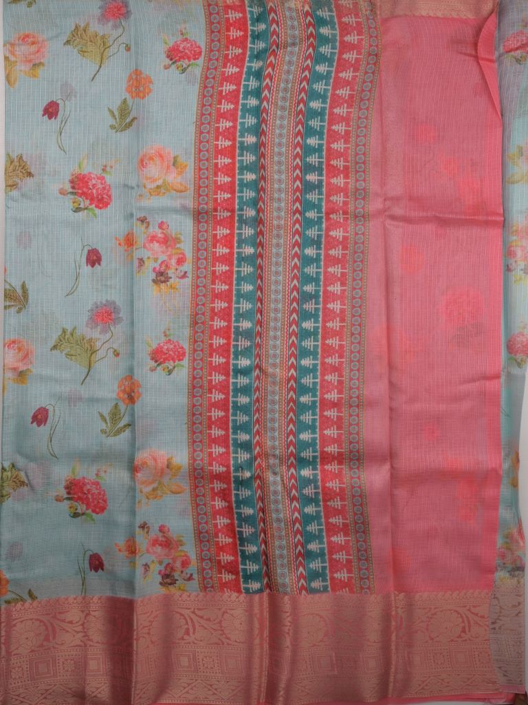 Silk kota fancy saree sky blue color allover digital prints & zari border with printed pallu and contrast blouse
