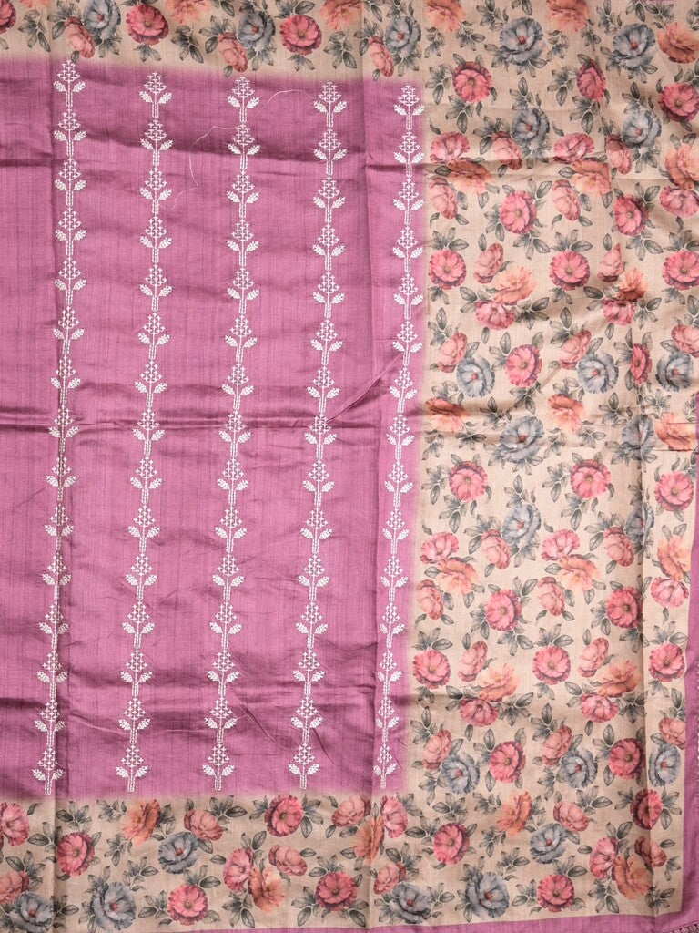 Tussar fancy saree purple color allover prints & printed border with printed pallu and contrast printed blouse