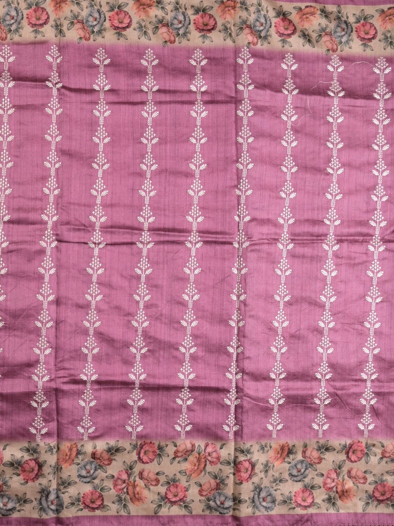 Tussar fancy saree purple color allover prints & printed border with printed pallu and contrast printed blouse
