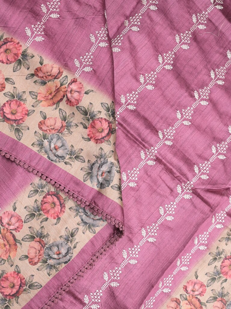 Tussar fancy saree purple color allover prints & printed border with printed pallu and contrast printed blouse