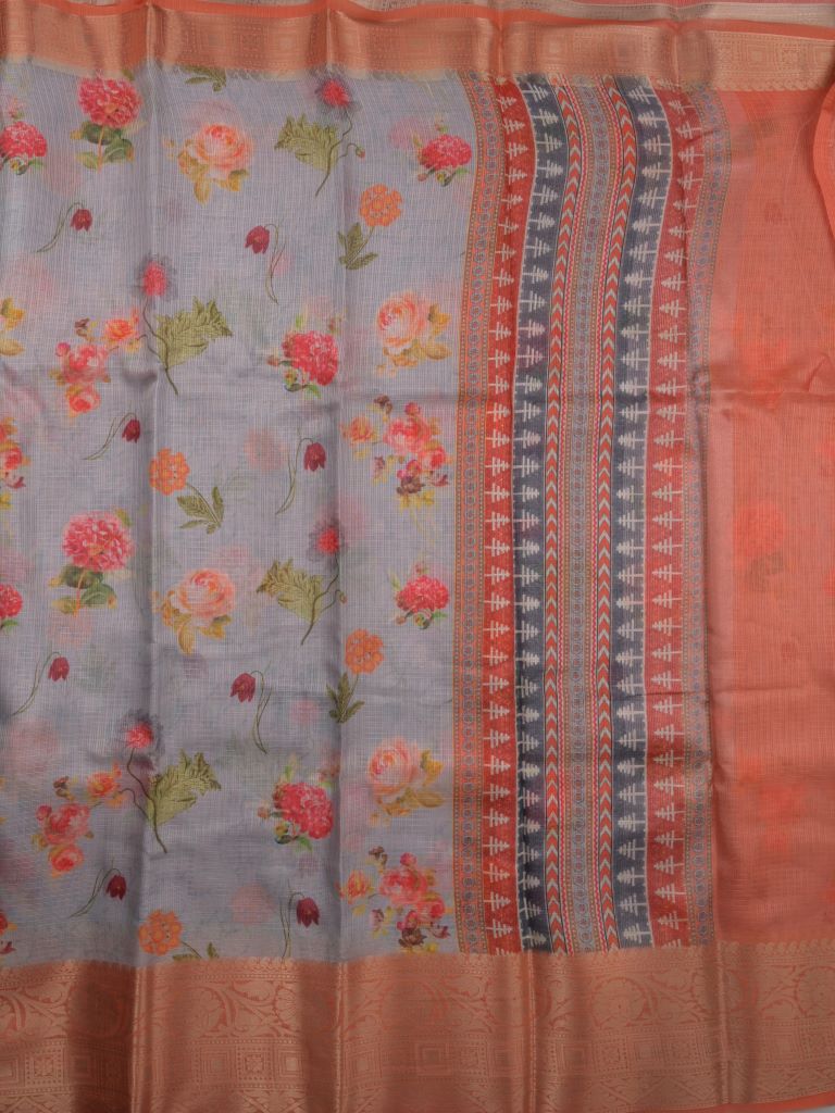 Silk kota fancy saree grey color allover digital prints & zari border with printed pallu and contrast blouse