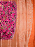 Jute matka fancy saree pink color allover prints & big zari border with short pallu and attached brocade blouse