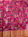 Jute matka fancy saree pink color allover prints & big zari border with short pallu and attached brocade blouse