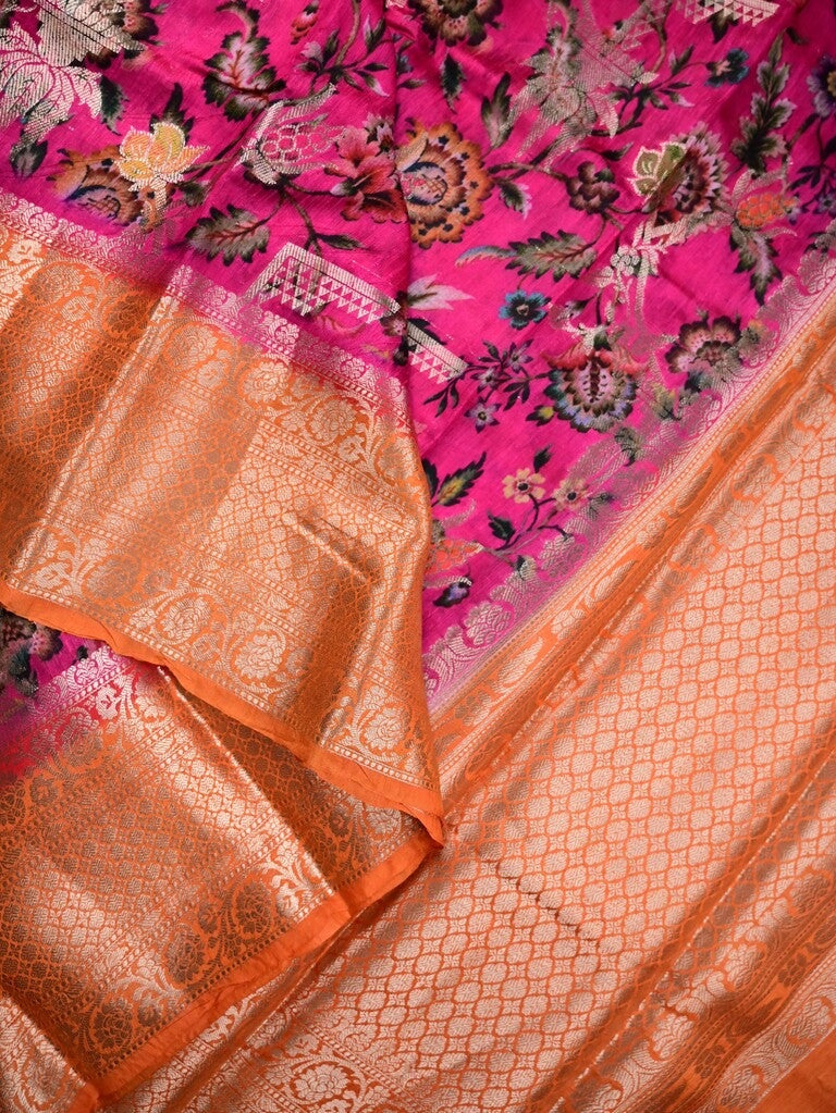 Jute matka fancy saree pink color allover prints & big zari border with short pallu and attached brocade blouse