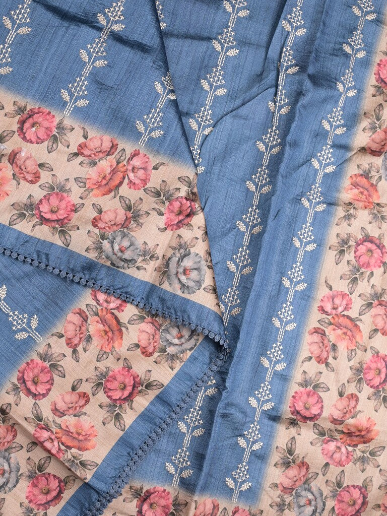 Tussar fancy saree blue color allover prints & printed border with printed pallu and contrast printed blouse