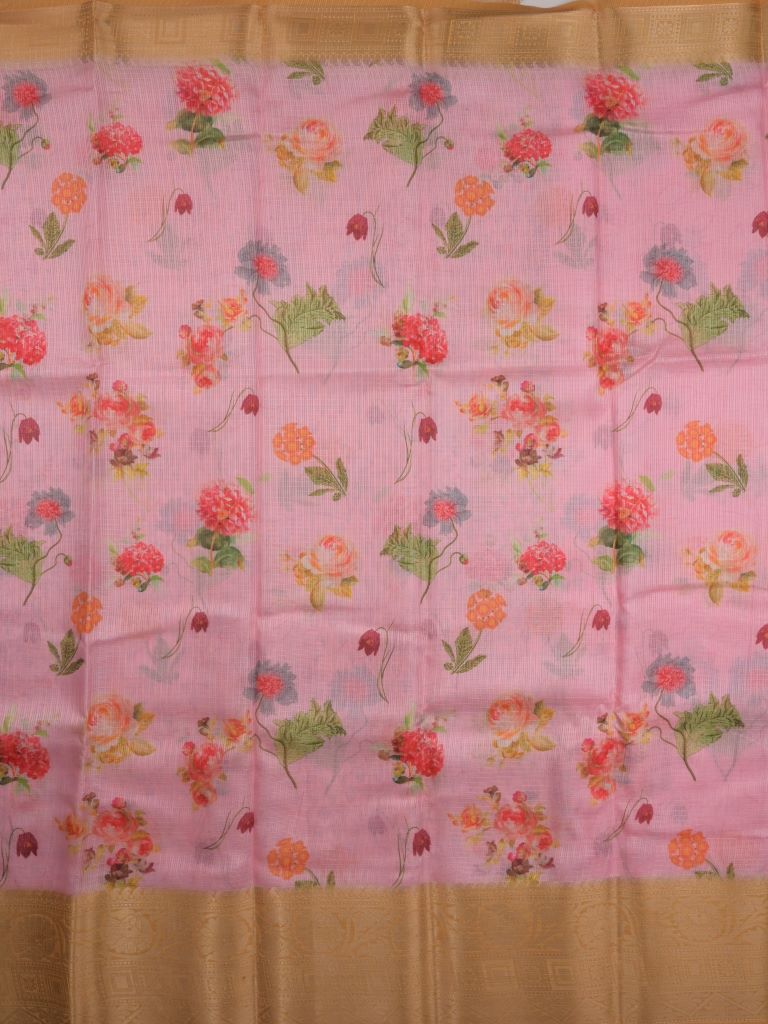 Silk kota fancy saree baby pink color allover digital prints & zari border with printed pallu and contrast blouse