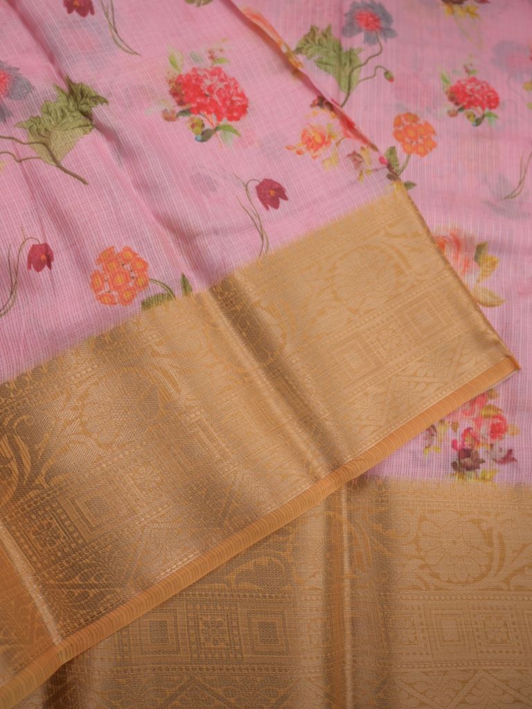 Silk kota fancy saree baby pink color allover digital prints & zari border with printed pallu and contrast blouse