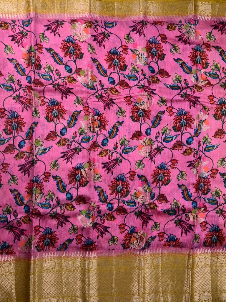 Jute matka fancy saree pink color allover prints & big zari border with short pallu and attached brocade blouse