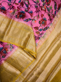 Jute matka fancy saree pink color allover prints & big zari border with short pallu and attached brocade blouse