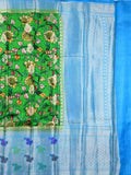 Jute matka fancy saree parrot green color allover prints & big zari border with short pallu and attached brocade blouse