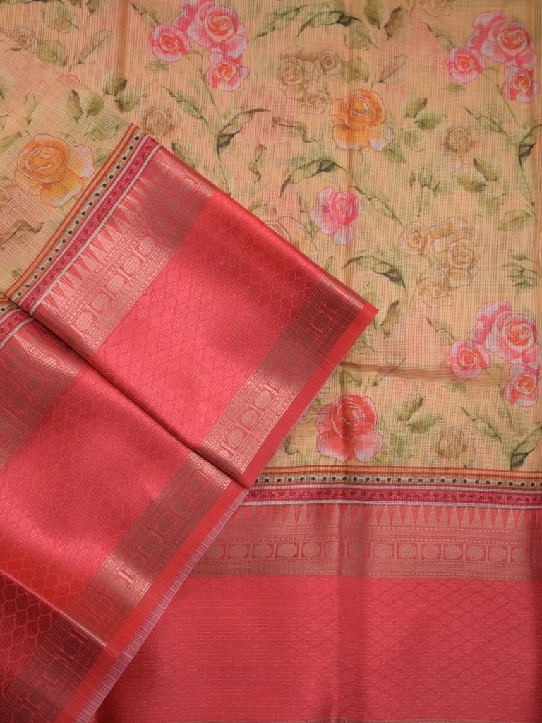 kota fancy saree light yellow color allover digital prints & zari border with printed pallu and contrast blouse